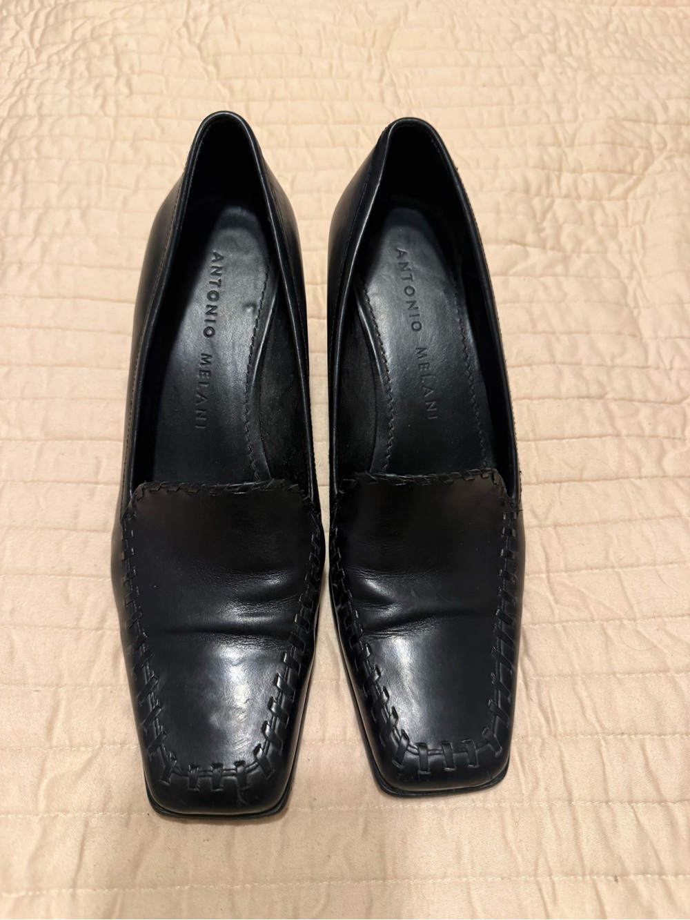 ANTONIO MELANI Black Leather Square-Toe Loafers with Stitched Trim